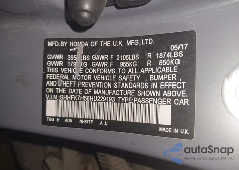 2017 Honda Civic Ex z USA, uszkodzony, nr VIN SHHFK7H56HU229193